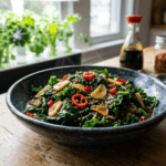 Kale Stir Fry with Fresh Vegetables Served in a Healthy Nutrient rich Meal