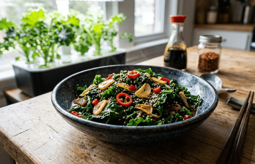 Kale Stir Fry with Fresh Vegetables Served in a Healthy Nutrient rich Meal