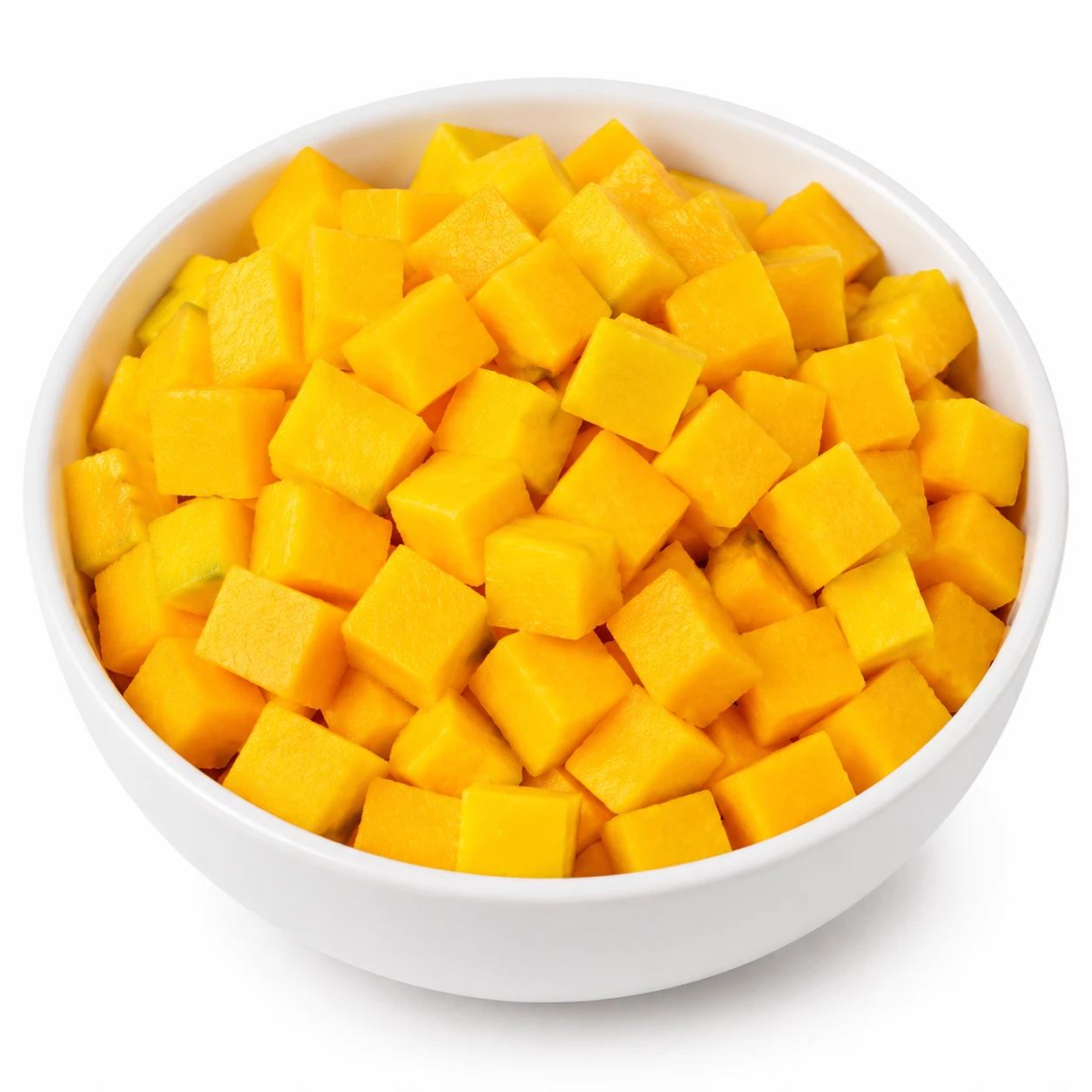 White ceramic bowl filled with freshly diced yellow pumpkin cubes