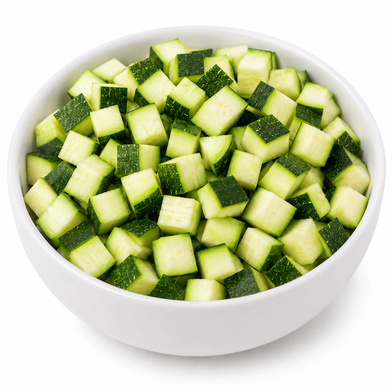 White ceramic bowl filled with freshly diced green zucchini cubes