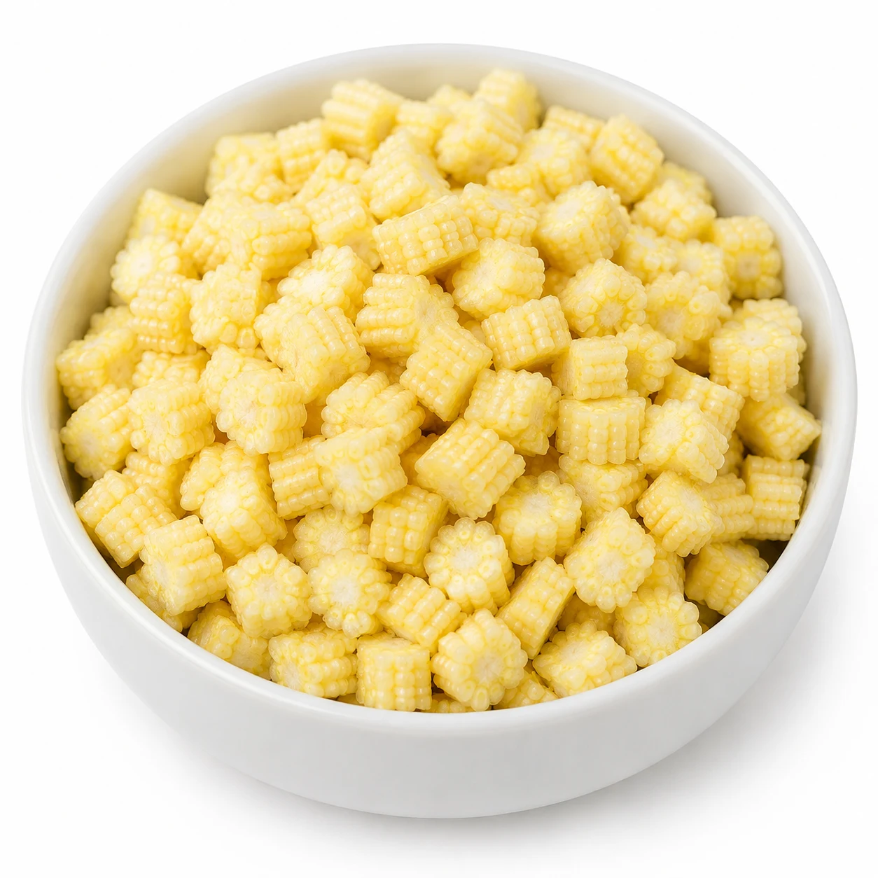 White ceramic bowl filled with freshly diced baby corn pieces