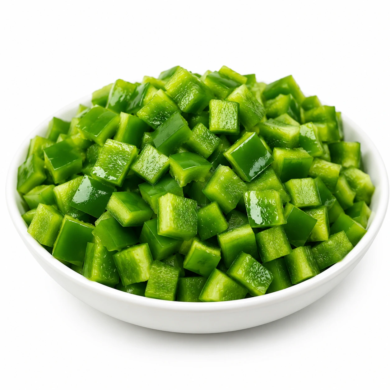 Fresh diced green capsicum cubes ready to cook, hygienically cut and packed for everyday cooking