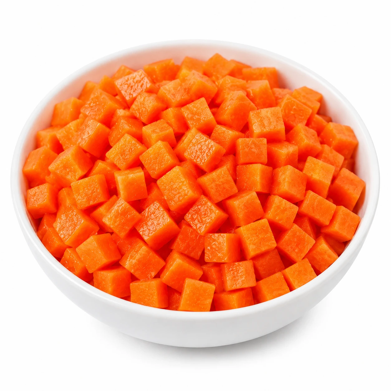 White ceramic bowl containing freshly diced carrot cubes isolated on a white background