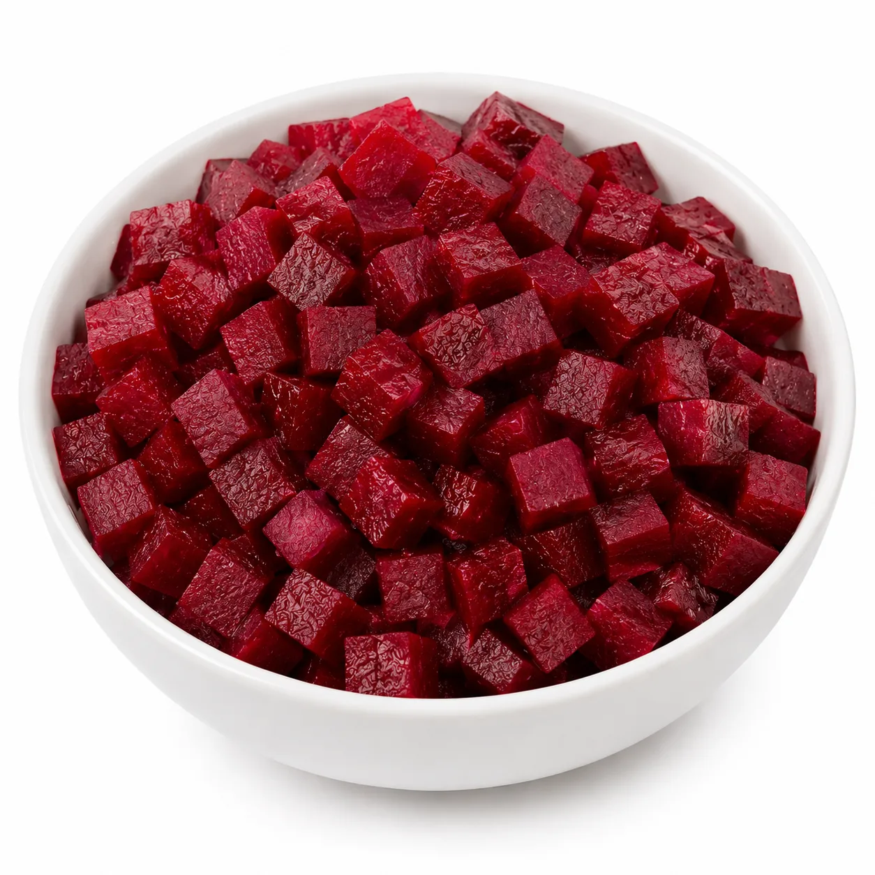 White ceramic bowl filled with freshly diced beetroot cubes