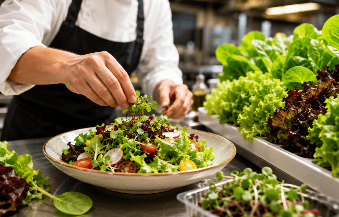 Chef Preparing a Fresh Restaurant quality Salad Using Hydroponic Greens and Lettuce in a Professional Kitchen