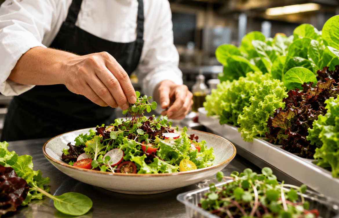 Chef Preparing a Fresh Restaurant quality Salad Using Hydroponic Greens and Lettuce in a Professional Kitchen