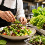 Chef Preparing a Fresh Restaurant quality Salad Using Hydroponic Greens and Lettuce in a Professional Kitchen