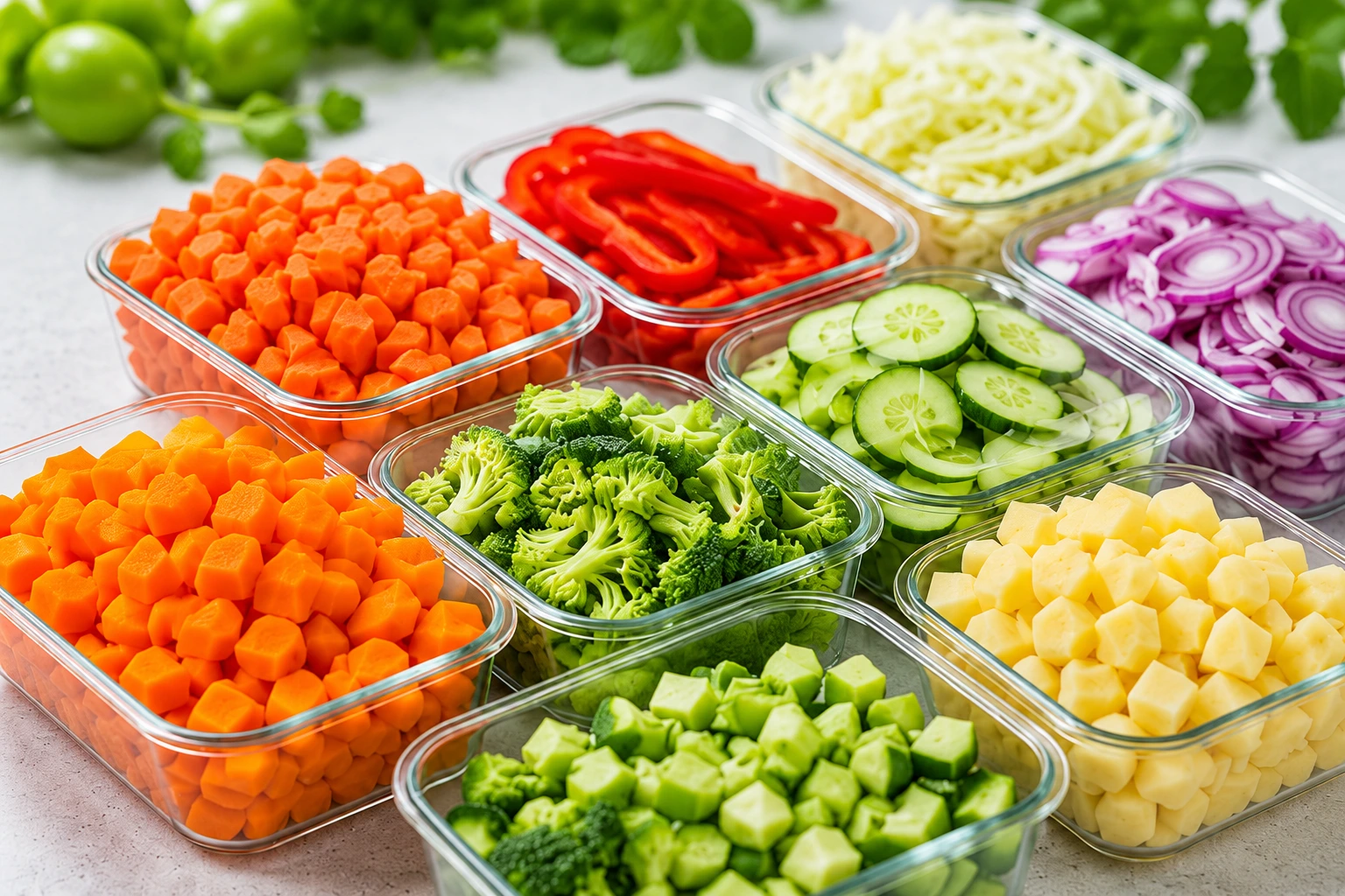 Assorted fresh cut vegetables in containers