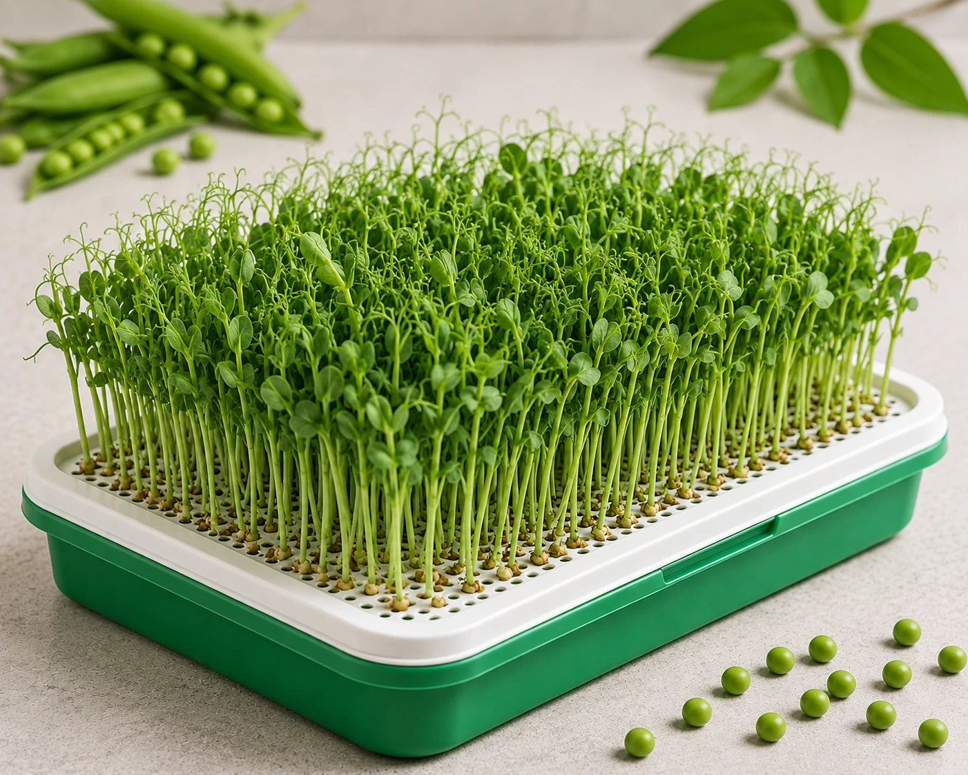 Fresh pea shoots microgreens tray