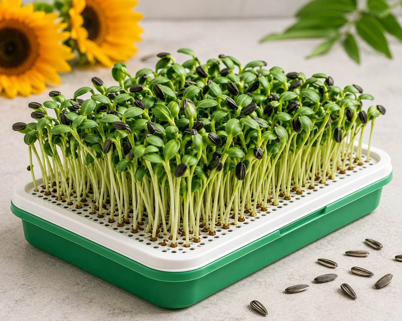 Fresh sunflower microgreens tray