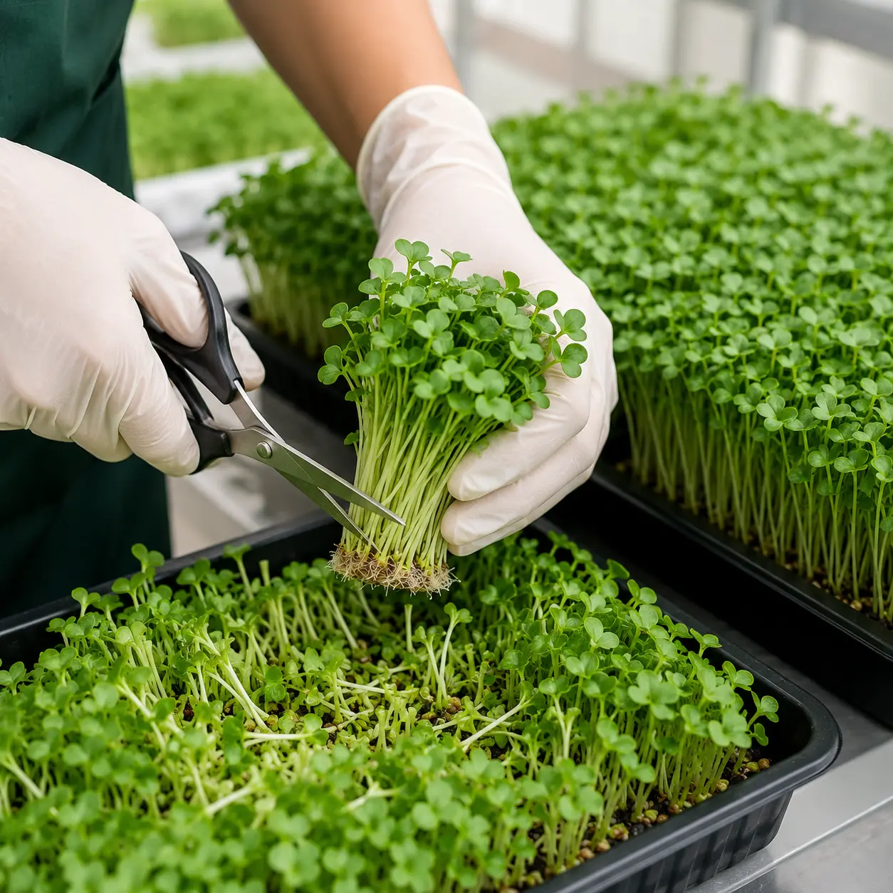 Hand harvesting microgreens