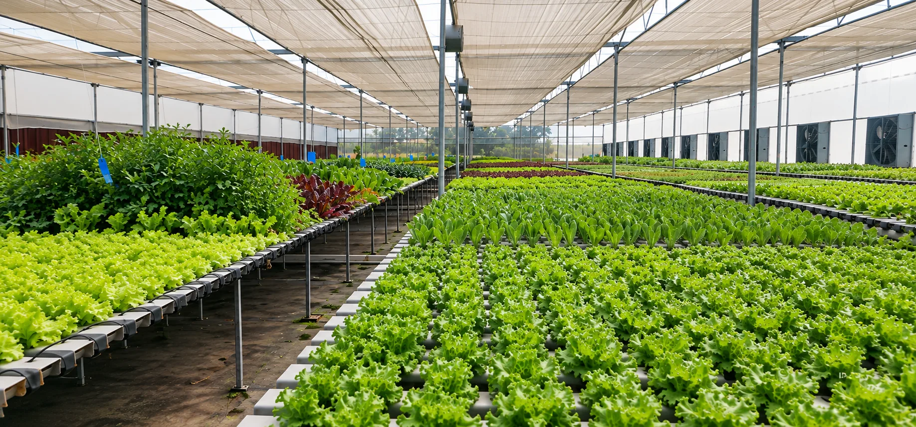 Rows of lush green lettuce on flat-bed NFT hydroponic channels in an InHydroGreens greenhouse, Delhi NCR